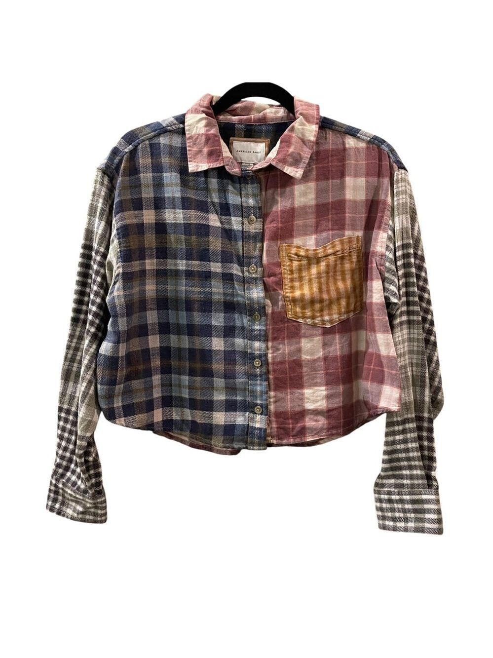 AMERICAN EAGLE Cozy Cabin Cropped Patchwork Plaid Flannel Shirt Size S